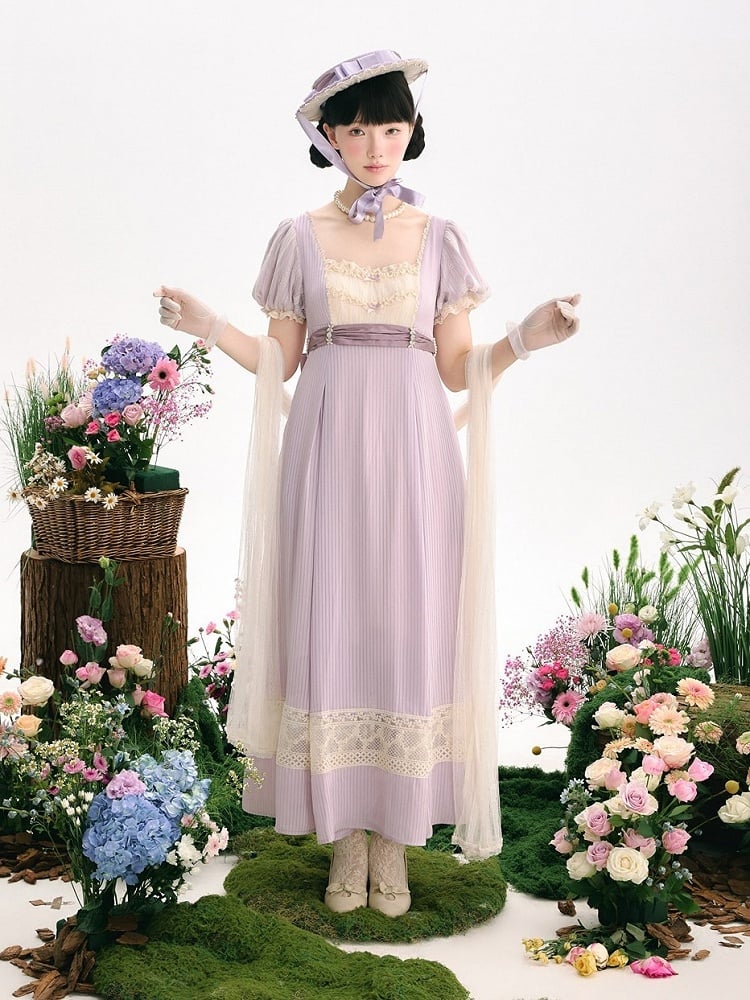 Elegant Purple High-Waisted Empire Lolita OP Gown with Lace Accents - KOMOMO