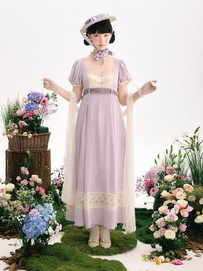 Elegant Purple High-Waisted Empire Lolita OP Gown with Lace Accents - KOMOMO