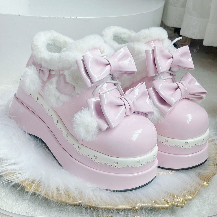 Lolita Pink Cute Heart Bow Platform Shoes with Pompons