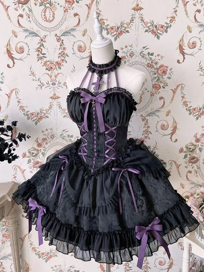 クロスベル ブラック＆パープル コルセットウエスト ゴシックロリータドレス