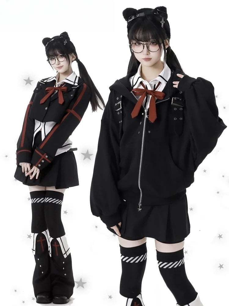 Cropped Buckle Straps Black Brazer Collar Notched