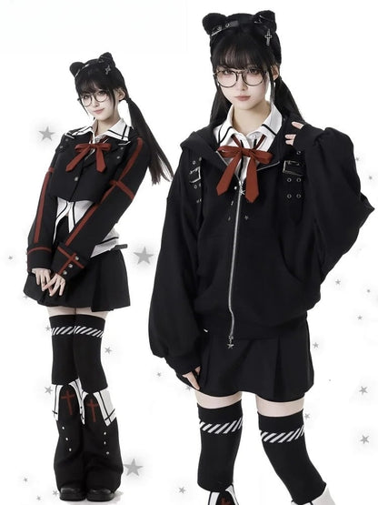 Cropped Buckle Straps Black Brazer Collar Notched