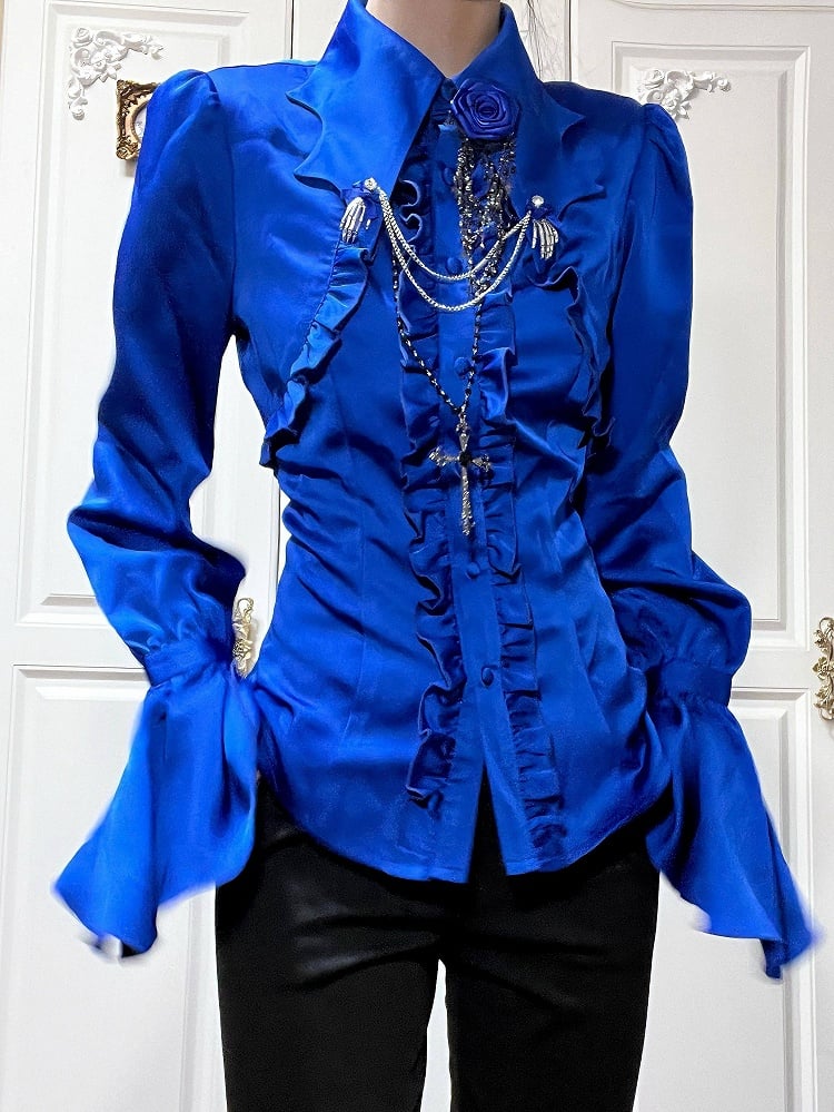 Klein Collar Satin Lolita Gothic Blue with Shirt Ruffle Details Bat-Wing