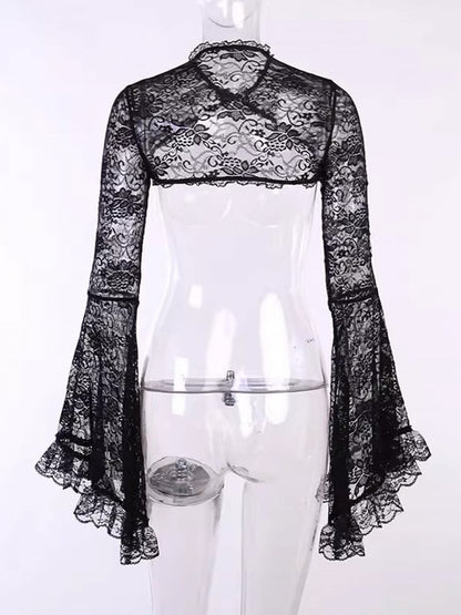 Lace Trim Halloween Shrug with Bell Black Embroidered Gothic Sleeves
