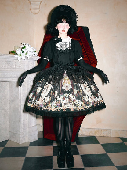 Lily and Puppet Doll Print Black Dark Gothic Lolita Short Sleeves Dress