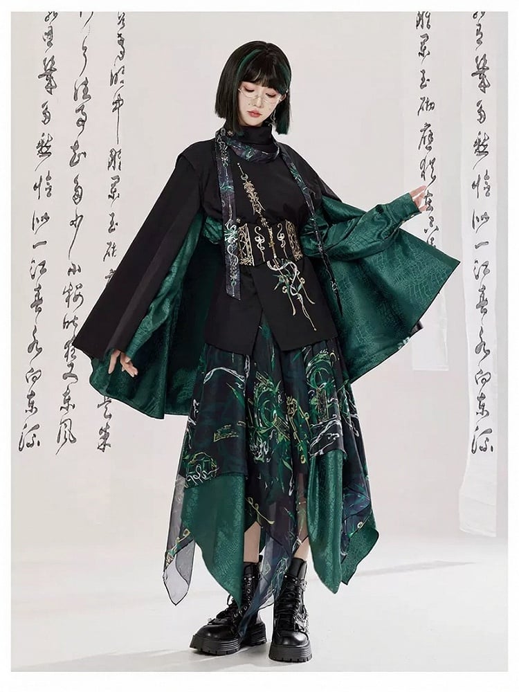 Green Black Chinese Cloak Asymmetrical Embroidery