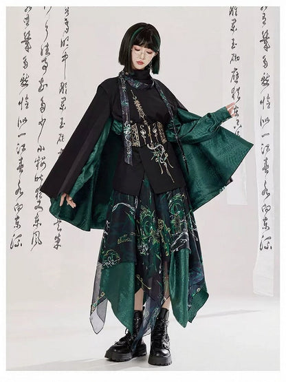 Green Black Chinese Cloak Asymmetrical Embroidery