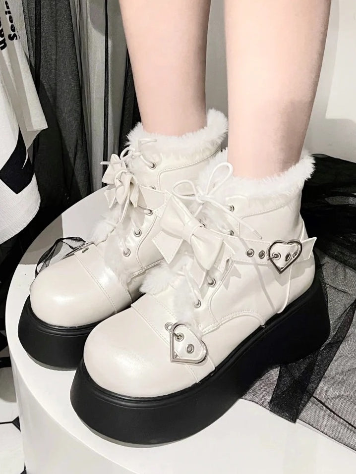 Lining Front Platform Punk Fastener Lace-Up Decorative Plush with White Heart Boots in Style Inner PU