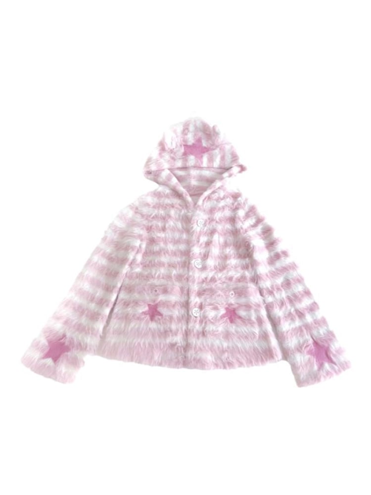 Jacket Striped Ear Hooded Star with White Cat Pink Accents Front Button-Up