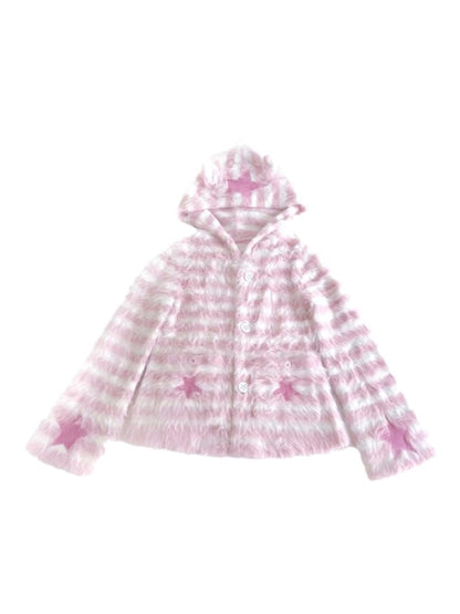 Jacket Striped Ear Hooded Star with White Cat Pink Accents Front Button-Up