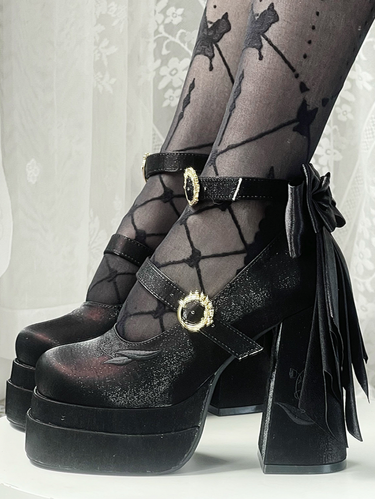the Heel Black of Embroidery Detachable High Valley Mary Bowknot Platform Janes Block Lily