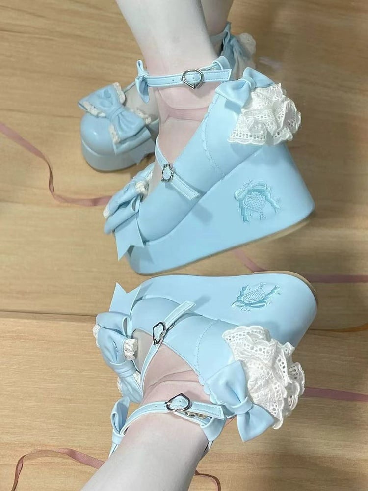 - Shoes Bow Back Heel Heart-Shaped Blue Embroidery Buckle Platform Lace Featuring with and Lolita