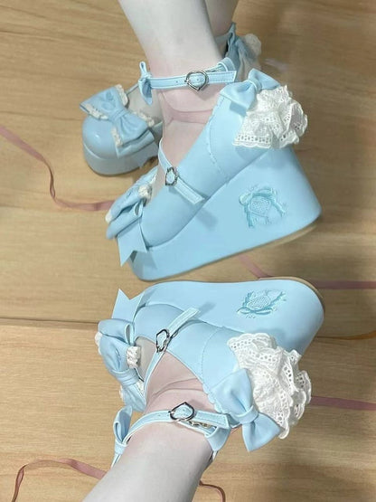 - Shoes Bow Back Heel Heart-Shaped Blue Embroidery Buckle Platform Lace Featuring with and Lolita