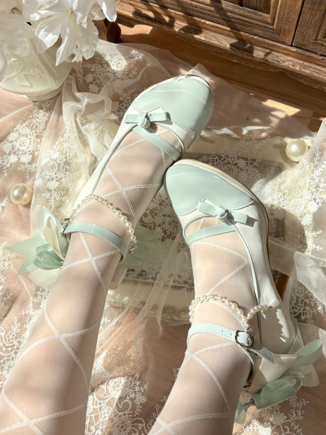 Green for Chain Lolita and with Charm Lace Back Beaded Elegant White Mid/High Trim Detachable Heels Bow Accent