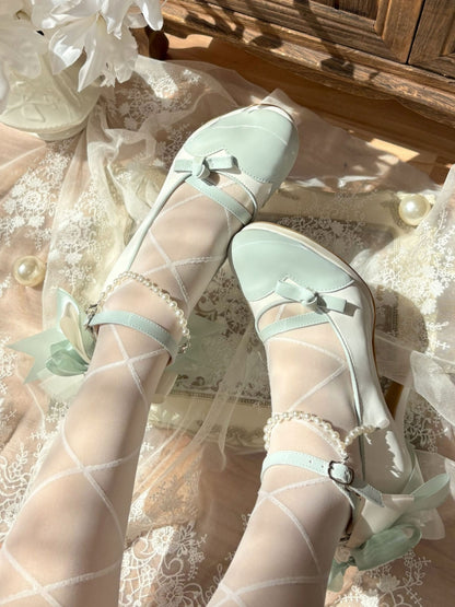 Green for Chain Lolita and with Charm Lace Back Beaded Elegant White Mid/High Trim Detachable Heels Bow Accent