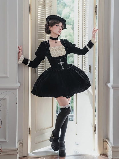 Autumn/Winter Lolita Waist + Brooch Boned for Choker Black Velvet Dress Set Version Bow Basque Short Hat