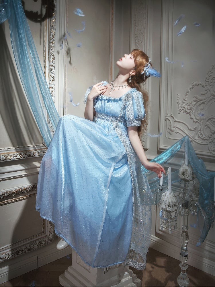 Maxi Lolita Dress Shimmering Rhinestone Blue Details and Sequin Elegant with Waist Empire