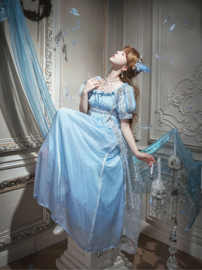 Maxi Lolita Dress Shimmering Rhinestone Blue Details and Sequin Elegant with Waist Empire