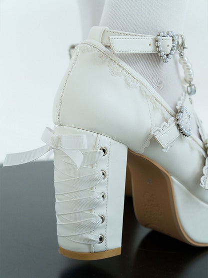 White Platform Mary Jane Shoes with Bow & Rhinestone - Sheep Puff