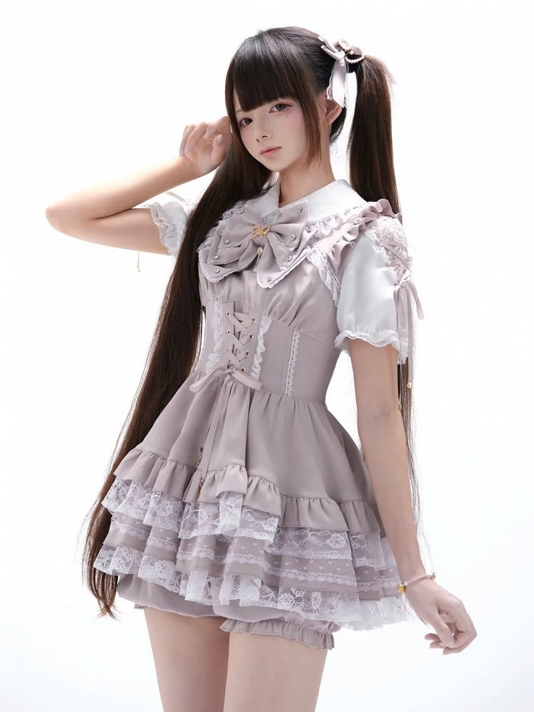 Pink and White Ryousangata Two-Piece Set with Lace and Ruffle - GingaU