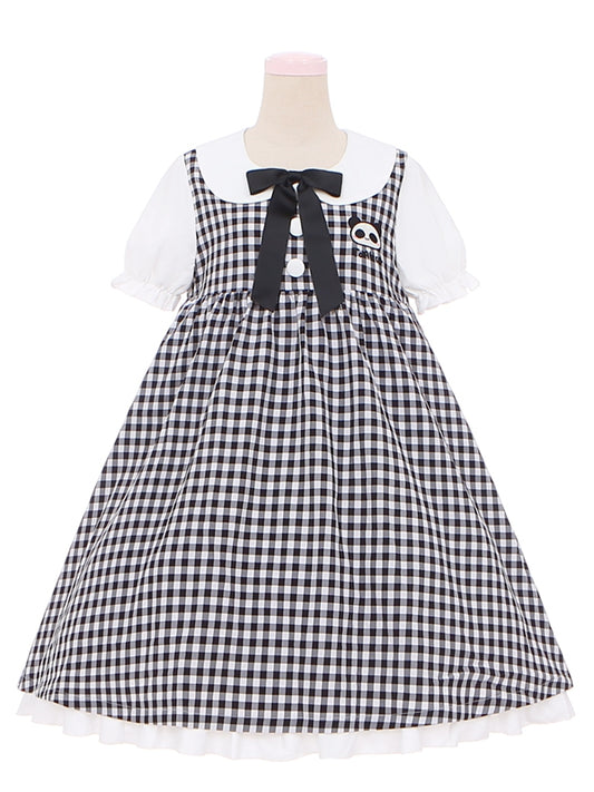 Black and White Panda Peter Pan Collar Plaid Short Puff Sleeves Dress