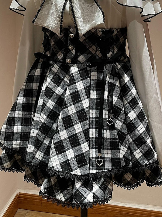 Two-Tone Checkered Waist Lace-Embellished Skirt - YoshiKi