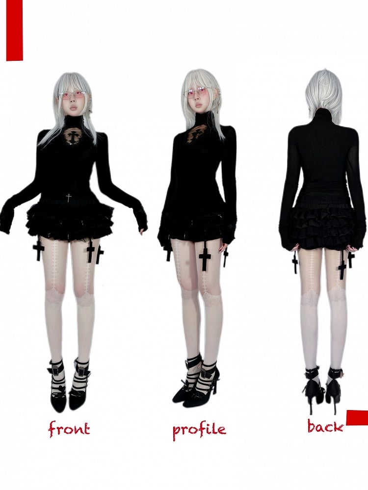Coffin Sleeves Crosses Cutout High Top Adorned Black Neck Gothic Long