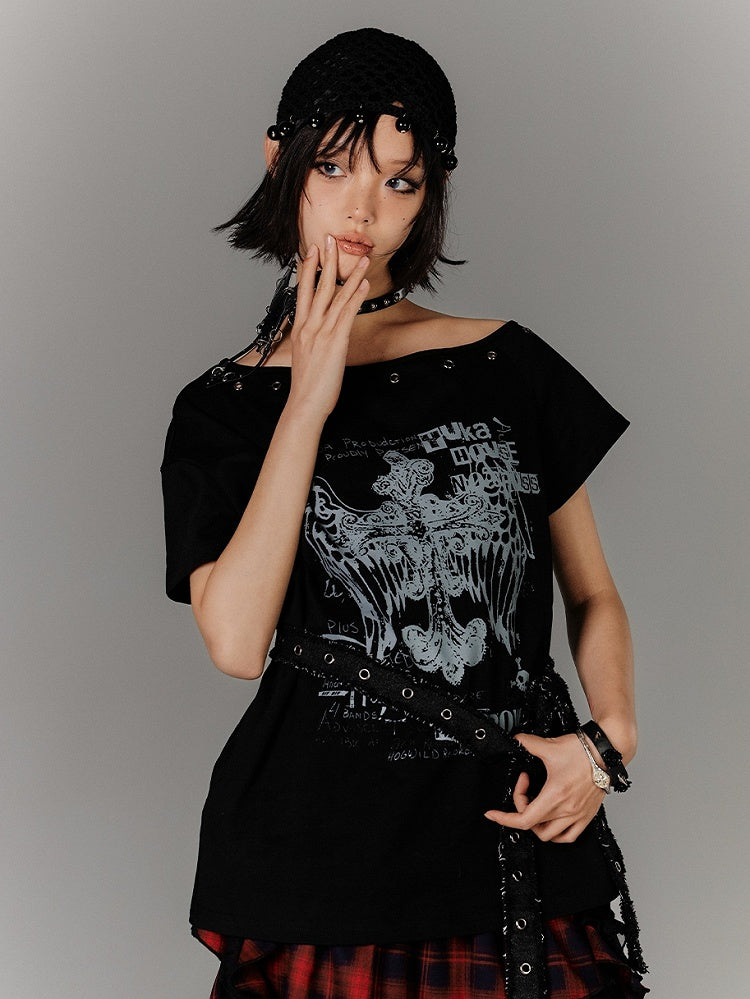 Y2K Black Cross Print Glamorous Belt with Waist T-Shirt