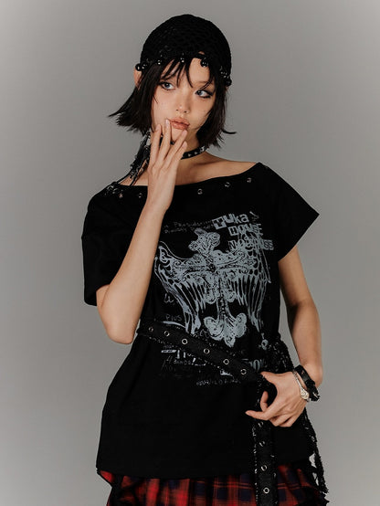 Y2K Black Cross Print Glamorous Belt with Waist T-Shirt