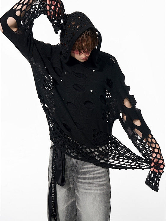 Hoodie Men's Knit Hollow-out Bead with Black Embellishments