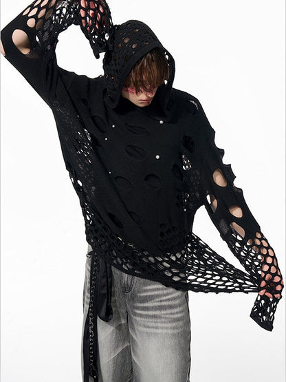 Hoodie Men's Knit Hollow-out Bead with Black Embellishments