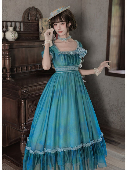 Ruffle Teal Lolita Dress with Chain, Choker & Hat Set - Classic - With PUJI