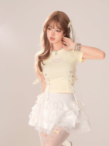 White Tiered Mini Skirt with Lace Trim