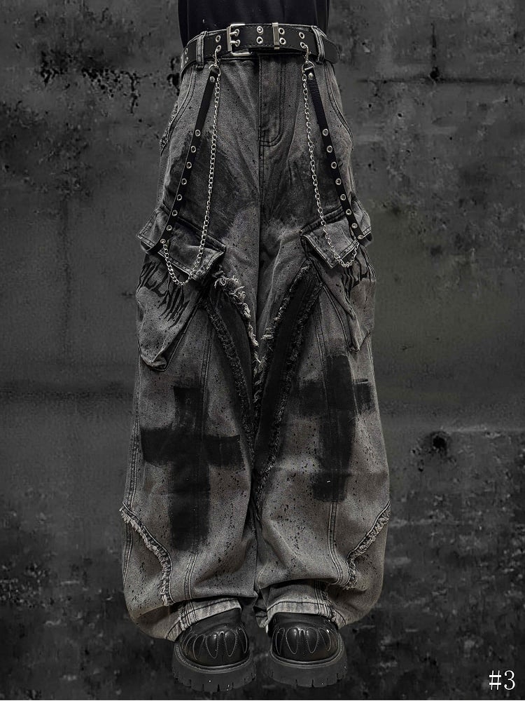 Raw Cross with Wide-Leg Grey Detailing Wasteland Hem Jeans Punk Y2K