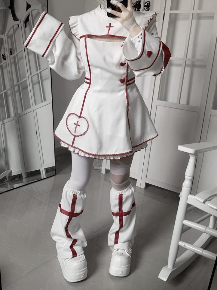 Yami Kawaii White Leg Warmers with Red Cross Design