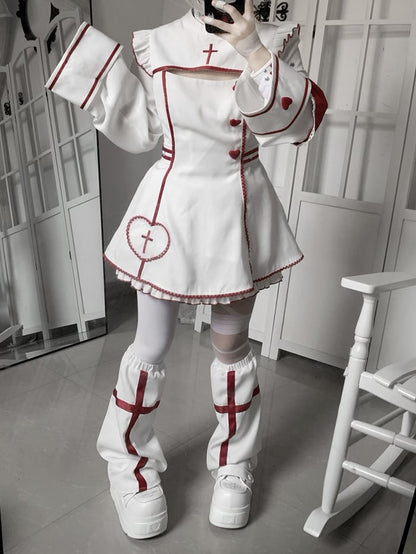 Yami Kawaii White Leg Warmers with Red Cross Design
