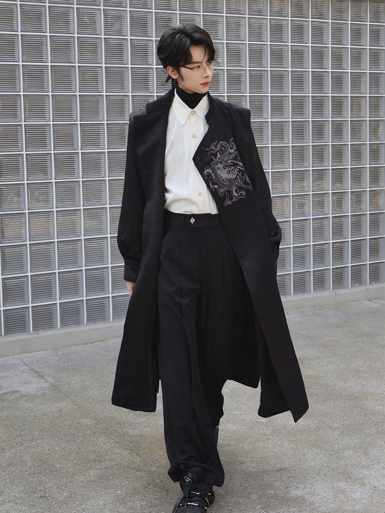 Black Trench Coat with Dragon Embroidery, Mandarin Collar & Detachable Tassel Trim - Feng Hua Gui Guo Ling