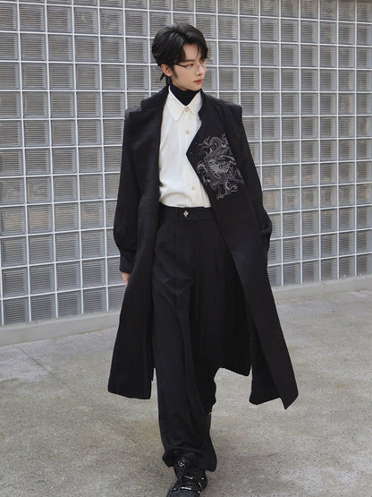 Black Trench Coat with Dragon Embroidery, Mandarin Collar & Detachable Tassel Trim - Feng Hua Gui Guo Ling