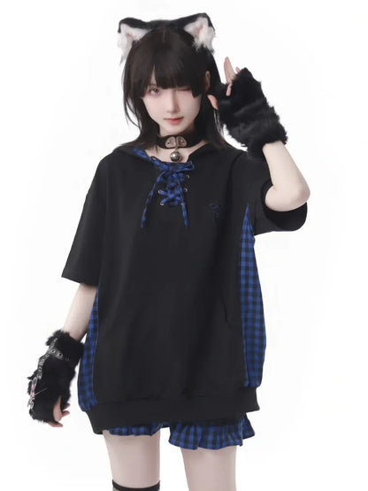 Blue Sleeves Black Short Plaid Hoodie Pattern and Dark
