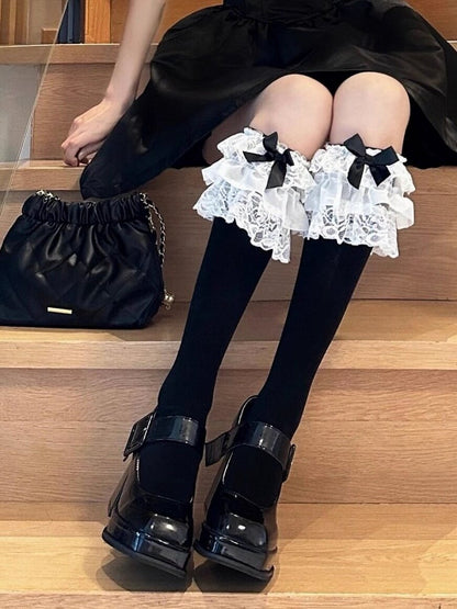 Layered Lace Trim Calf Socks with Bowknot Detail - Milk flavored Lolita