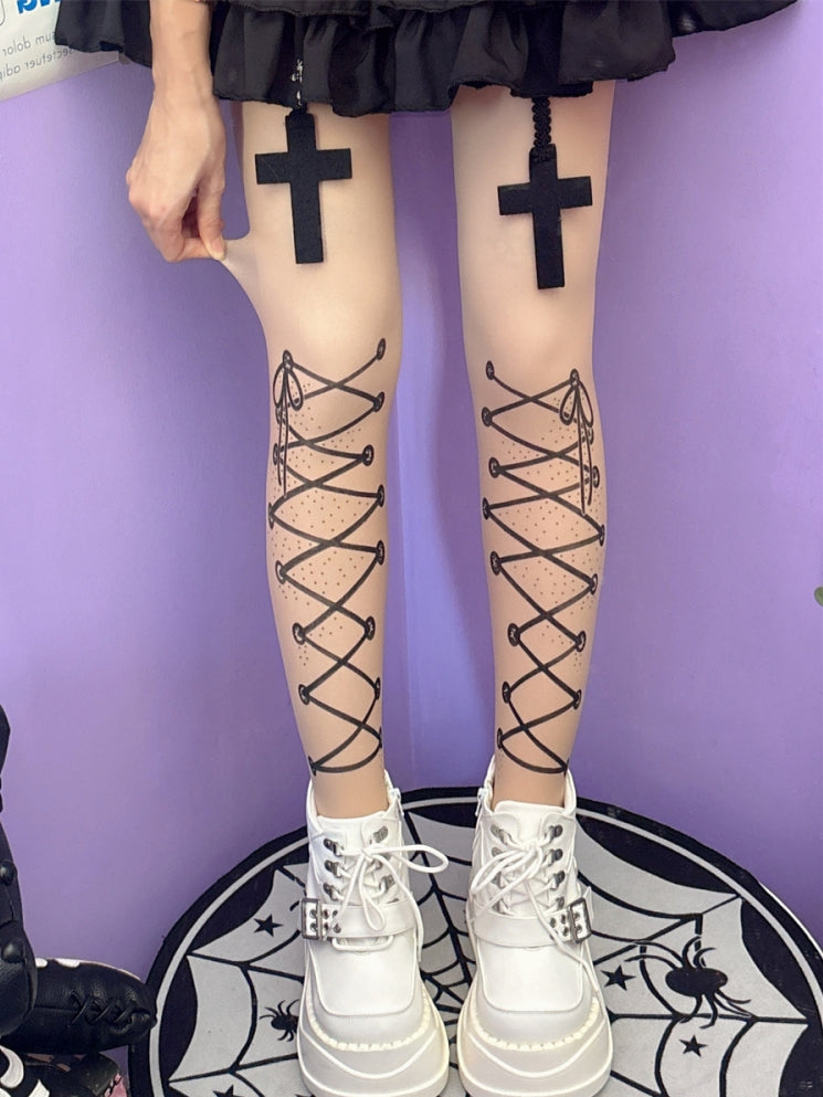 Tights Print Straps Y2K Lace-up Nude