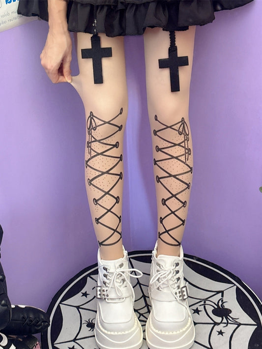 Tights Print Straps Y2K Lace-up Nude