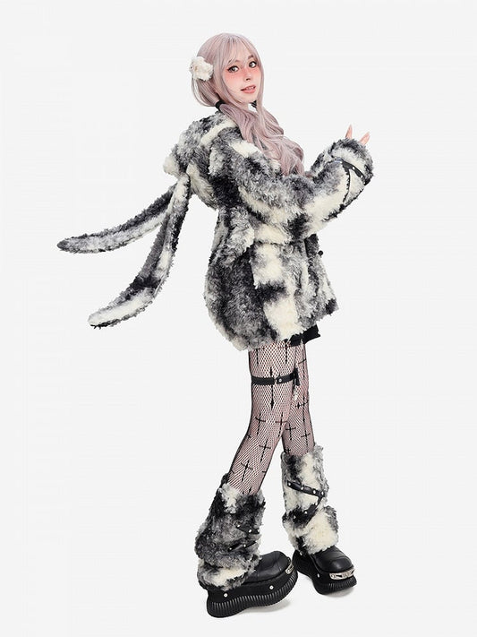 Coat with Adorable Bunny Ears and Crossed Strap Sleeves Beige Black Plush Faux Fur Hooded Duffle