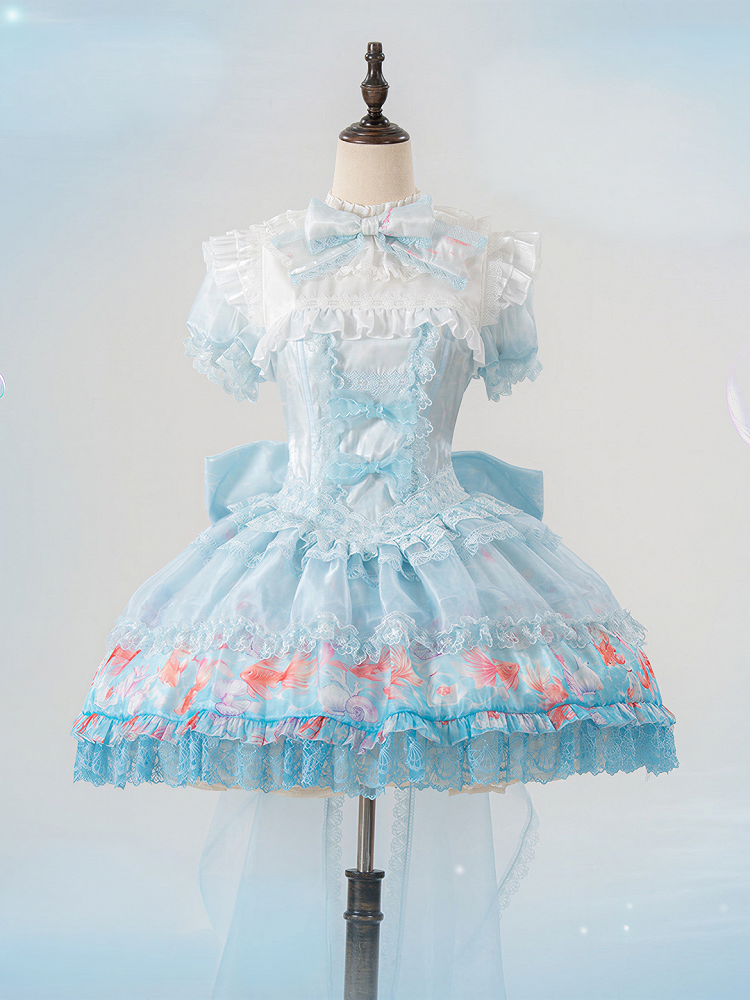 Robe bouffante en dentelle imprimée poisson rouge - Mewroco