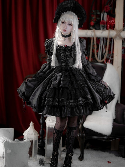 Kuro Kordelzugkleid Glockenärmel Rock Gothic Schwarz Bowknot Lolita Details und Lagen