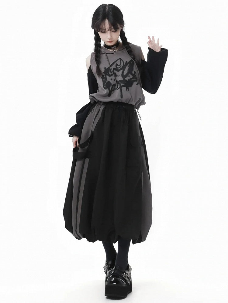 Hem Bubble Skirt Version Short/Long Waist Drawstring and Black and Gray Colorblock