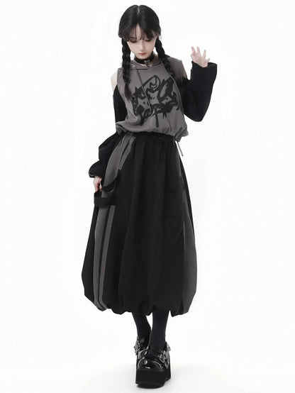Hem Bubble Skirt Version Short/Long Waist Drawstring and Black and Gray Colorblock