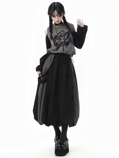 Print Colorblock Design Drawstring Gray Hem Hoodie and Cutout Shoulder Star Black