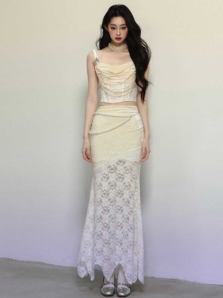 Apricot High-Waisted Lace Patchwork Mermaid Skirt