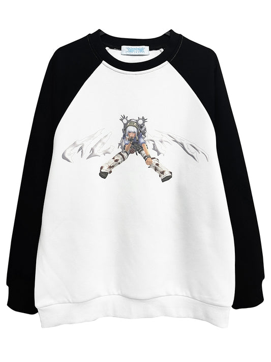 Sweatshirt mit Cyberpunk-Mädchen-Grafik in Schwarz-Weiß-Farbblock